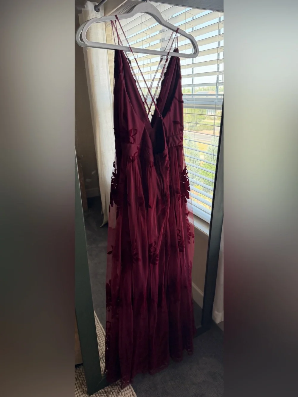 Windsor Burgundy Flocked Velvet Floral Tulle Maxi Gown Dress